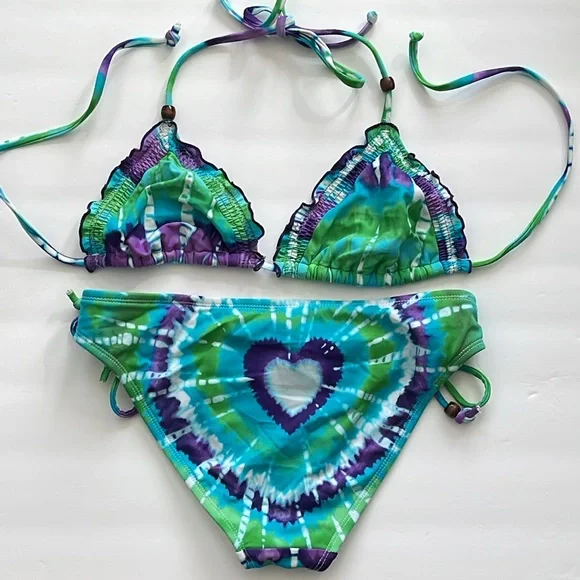 HOBIE Bikini Bottom Tie-Dye Purple, Turquoise, Green&White w/Heart Print-Sm - Picture 3 of 8